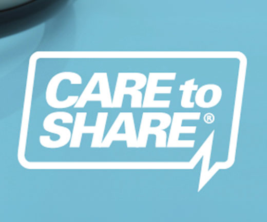 The words Care to Share inside a chat bubble overlaying a blue background.